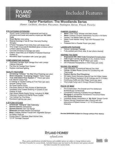 Taylor Plantation Woodlands Series Std Features